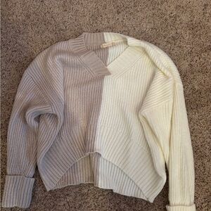 Altar'd State Cream and Gray V-Neck Sweater Chunky Knit
